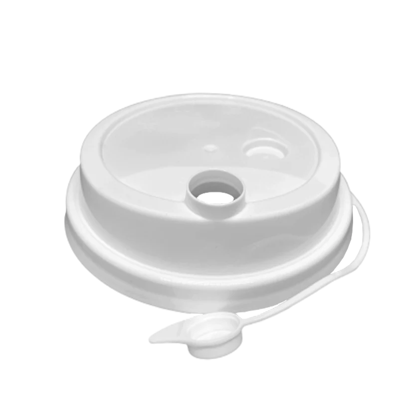 WHITE PLASTIC LID WITH ATTACHED STOPPER FOR PP CUPS HK-W90L-AS