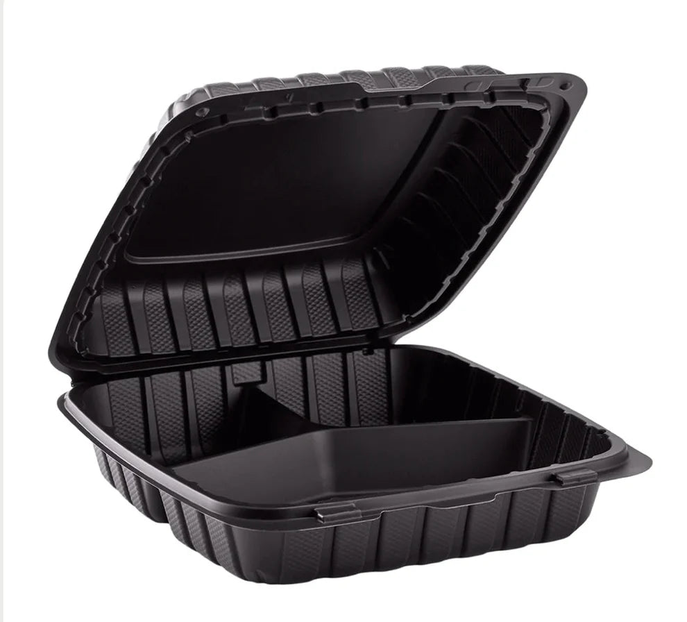 9"×9" THREE COMPARTMENT HINGED CONTAINER BLACK