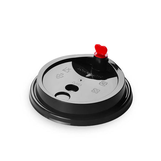BLACK PLASTIC LID WITH HEART STOPPER FOR PP CUPS 90MM HK-B90L-HS