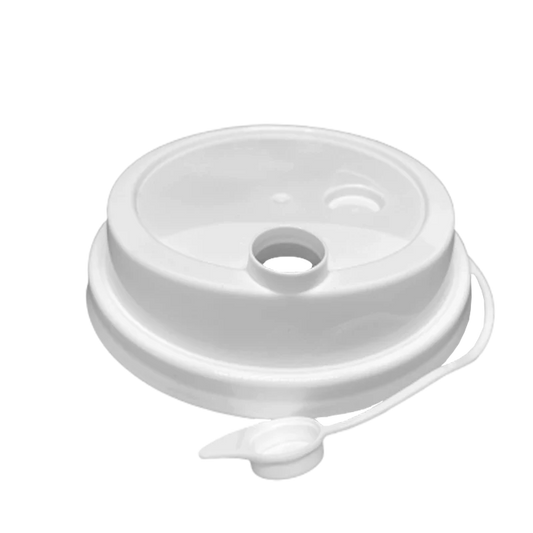 WHITE PLASTIC LID WITH ATTACHED STOPPER FOR PP CUPS HK-W90L-AS
