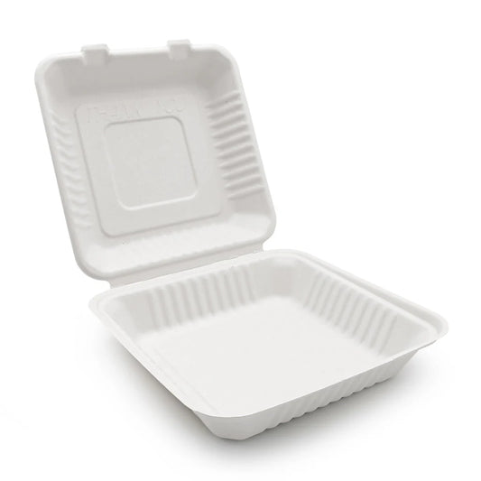 COMPOTABLE HINGED CONTAINER 8x8" BAGASSE PFAS FREE PCT081