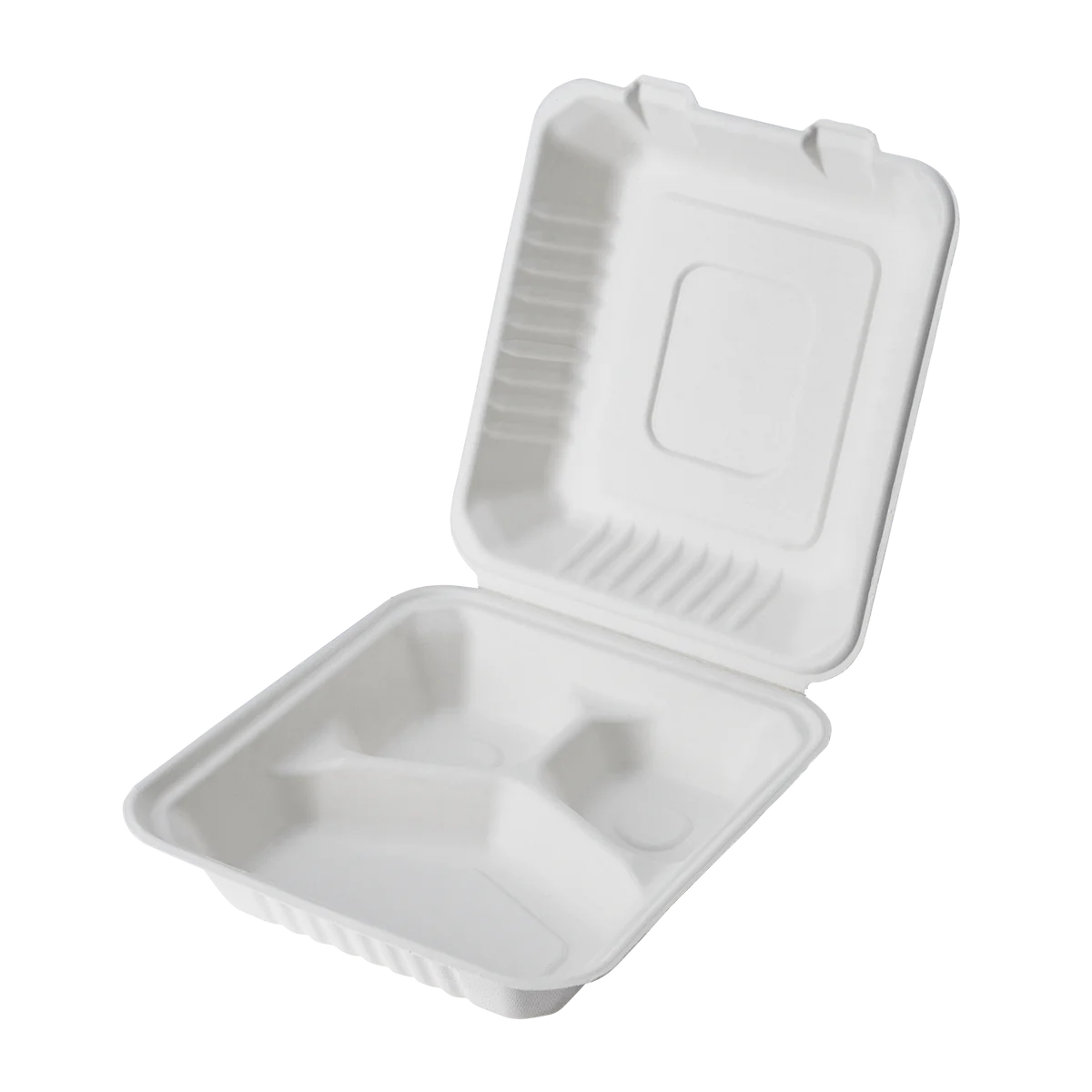 COMPOTABLE HINGED CONTAINER 8x8" 3-COM BAGASSE PFAS FREE PCT083