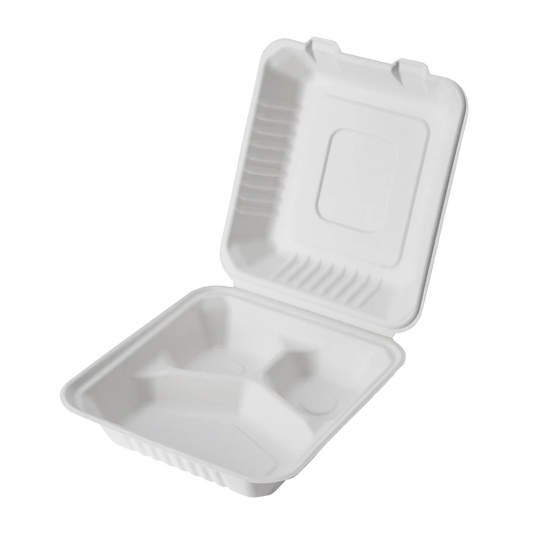 COMPOTABLE HINGED CONTAINER 8x8" 3-COM BAGASSE PFAS FREE PCT083