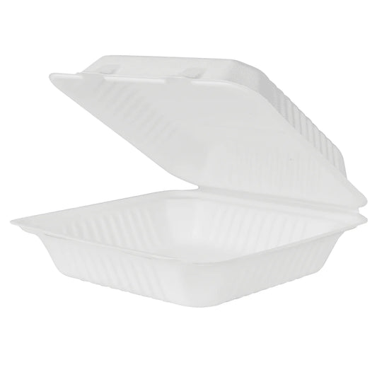 COMPOTABLE HINGED CONTAINER 9x9" BAGASSE PFAS FREE PCT091