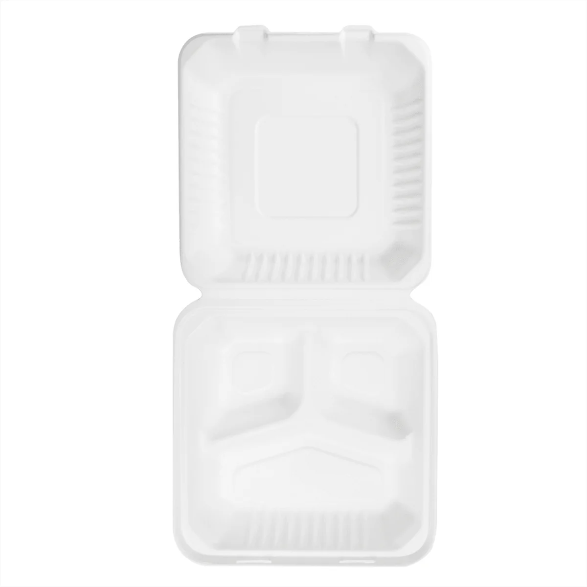 COMPOTABLE HINGED CONTAINER 9x9" 3-COM BAGASSE PFAS FREE PCT093