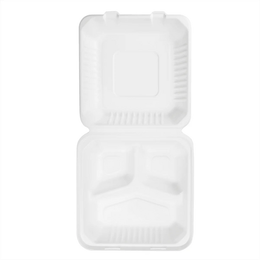COMPOTABLE HINGED CONTAINER 9x9" 3-COM BAGASSE PFAS FREE PCT093