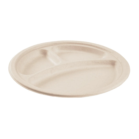 COMPOSTABLE DINNER PLATE 10" 3-COM ROUND PLATE BAGASSE PFAS FREE YP103
