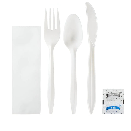 MEDIUM WEIGHT WRAPPED PLASTIC CUTLERY KIT 6IN1 WHITE SY-6IN1K25-W