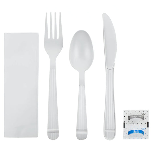 HEAVY WEIGHT WRAPPED PLASTIC CUTLERY KIT 6 IN 1 WHITE SY-6IN1K5-W